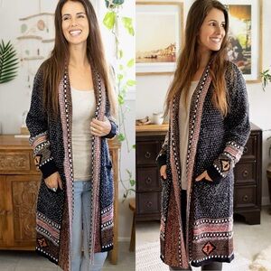 HAPPY TRUNKS Boho Cardigan Open Front Long Maxi Knit Sweater Aztec Tribal S/M